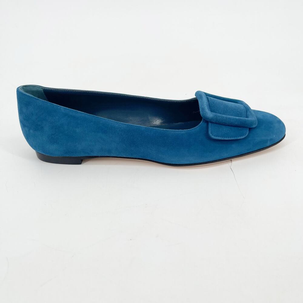 Manolo Blahnik Maydi Turquoise Suede Decorative Buckle Almond Toe Flats IT 37 - Picture 3 of 14